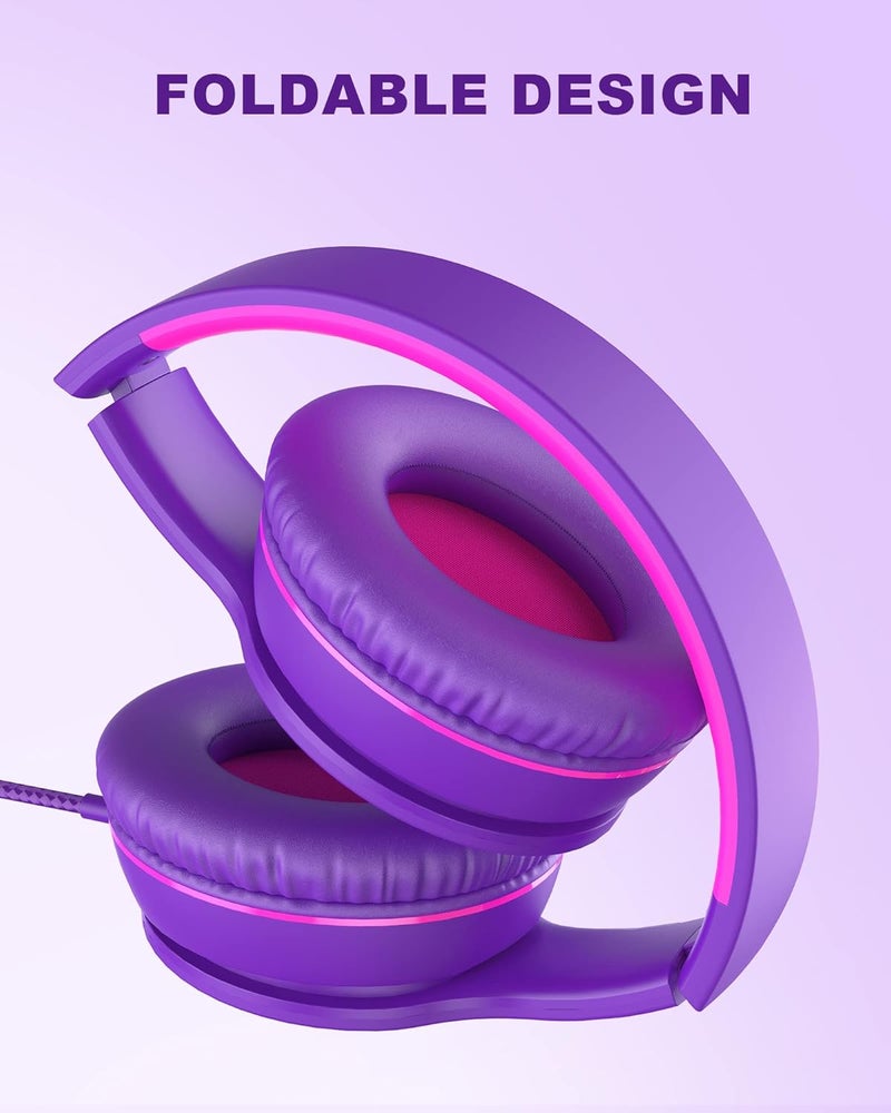 ELECDER i45 Headphones Wired, On-Ear Headphones with Microphone, Foldable Stereo Bass, 1.5M No-Tangle Cord, Portable 3.5MM Headset for School Kids Teens Smartphones Computer PC Tablet Travel, Purple - Image 4